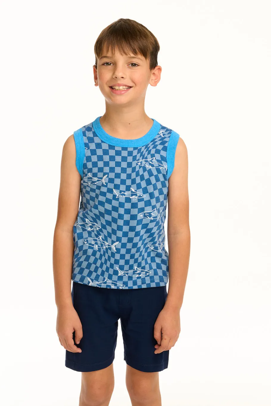 Outlet Chaser Brand Boy's Checkered Shark Recycled Vintage Jersey Tank
