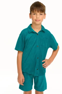 Online Chaser Brand Boy's Lake Green Terry Cloth Button Down Collared Shirt