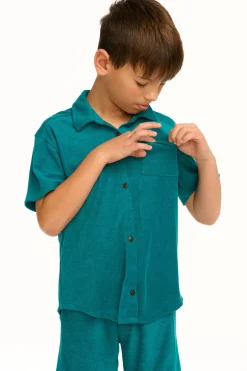 Online Chaser Brand Boy's Lake Green Terry Cloth Button Down Collared Shirt