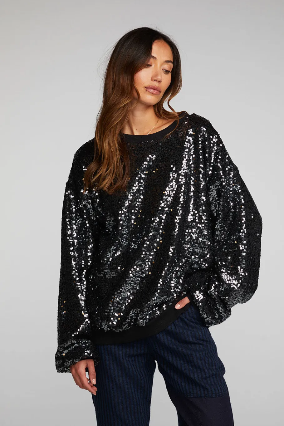 Store Chaser Brand Cotton Fleece Allover Sequin Crewneck Pullover