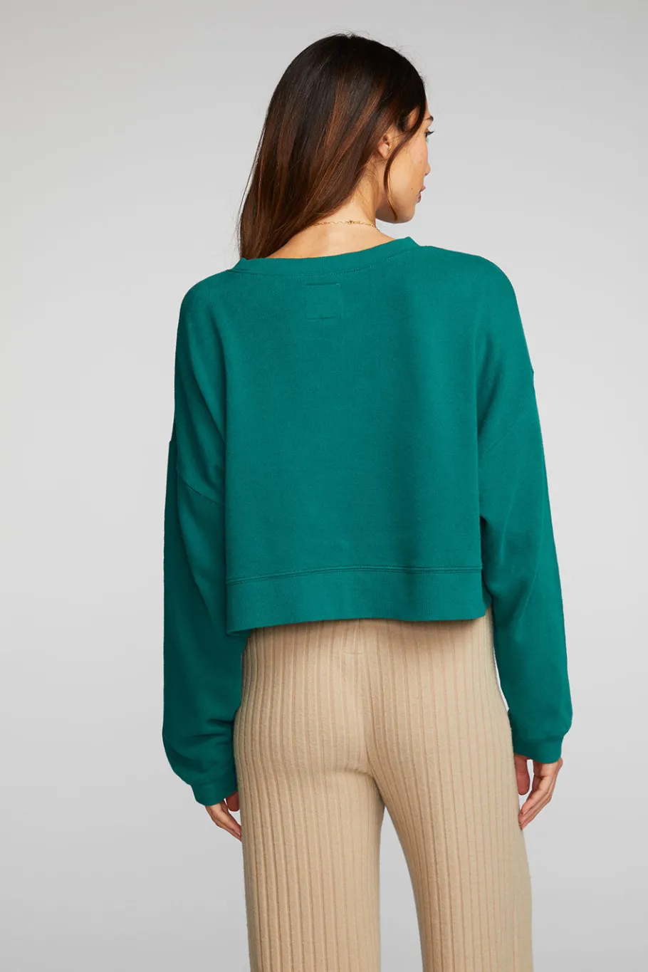 Sale Chaser Brand Cotton Fleece Cropped Crewneck Pullover With Rib