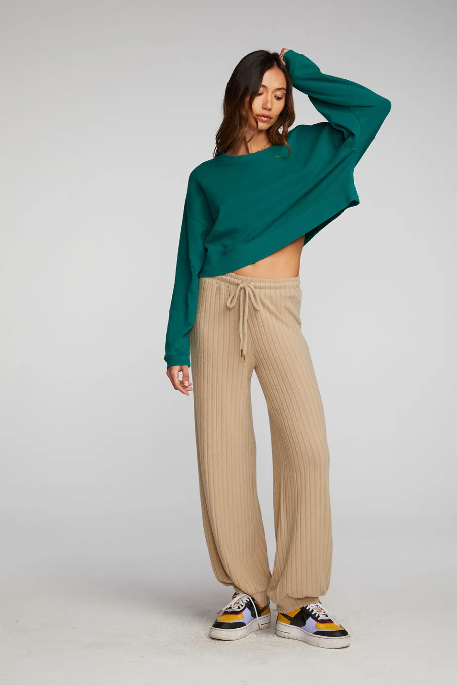 Sale Chaser Brand Cotton Fleece Cropped Crewneck Pullover With Rib