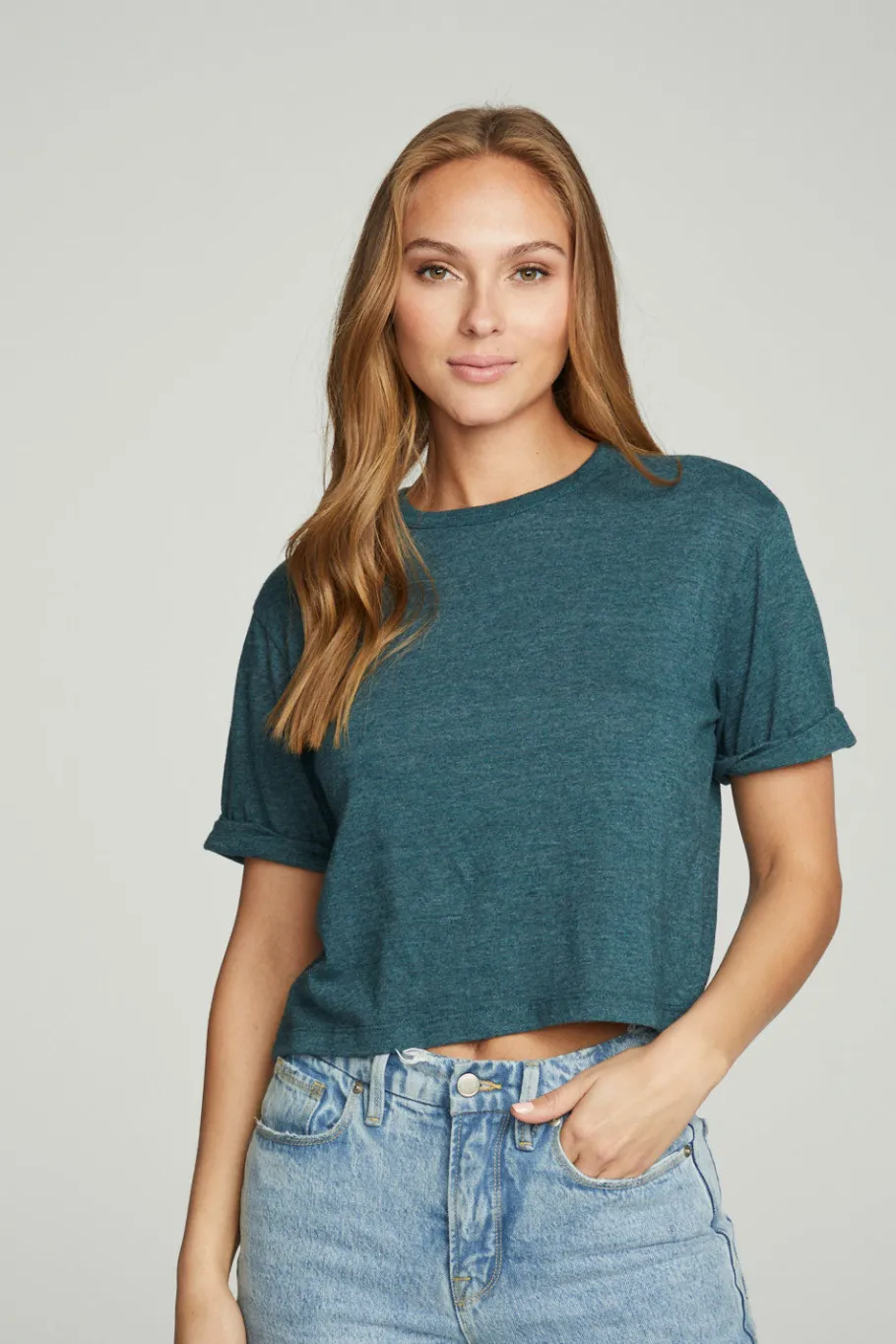Discount Chaser Brand Cropped Crew Neck Short Sleeve Tee