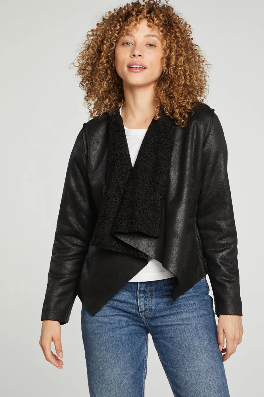 Best Chaser Brand Faux Suede Shearling Reversible Long Sleeve Waterfall Neck Jacket