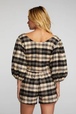 Online Chaser Brand Flannel Puff Sleeve Cropped Blouse