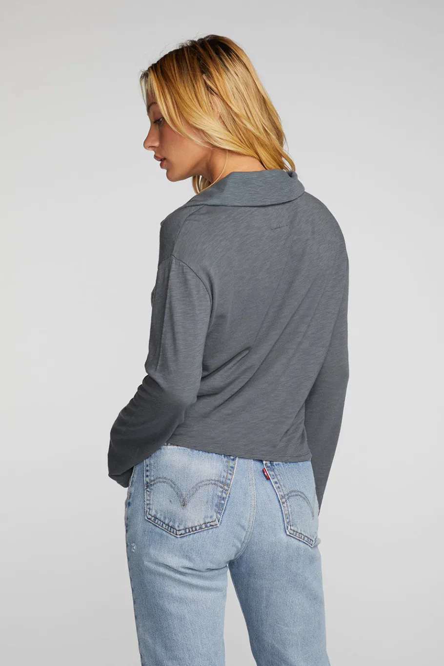 New Chaser Brand Gauze Jersey Cropped Polo With Distressed Detail Long Sleeve