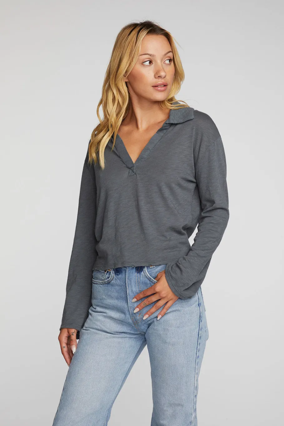 New Chaser Brand Gauze Jersey Cropped Polo With Distressed Detail Long Sleeve