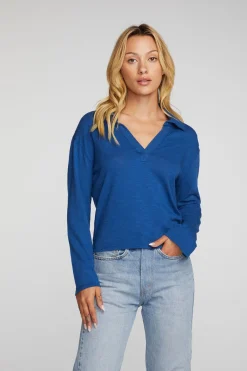 Online Chaser Brand Gauze Jersey Cropped Polo With Distressed Detail Long Sleeve