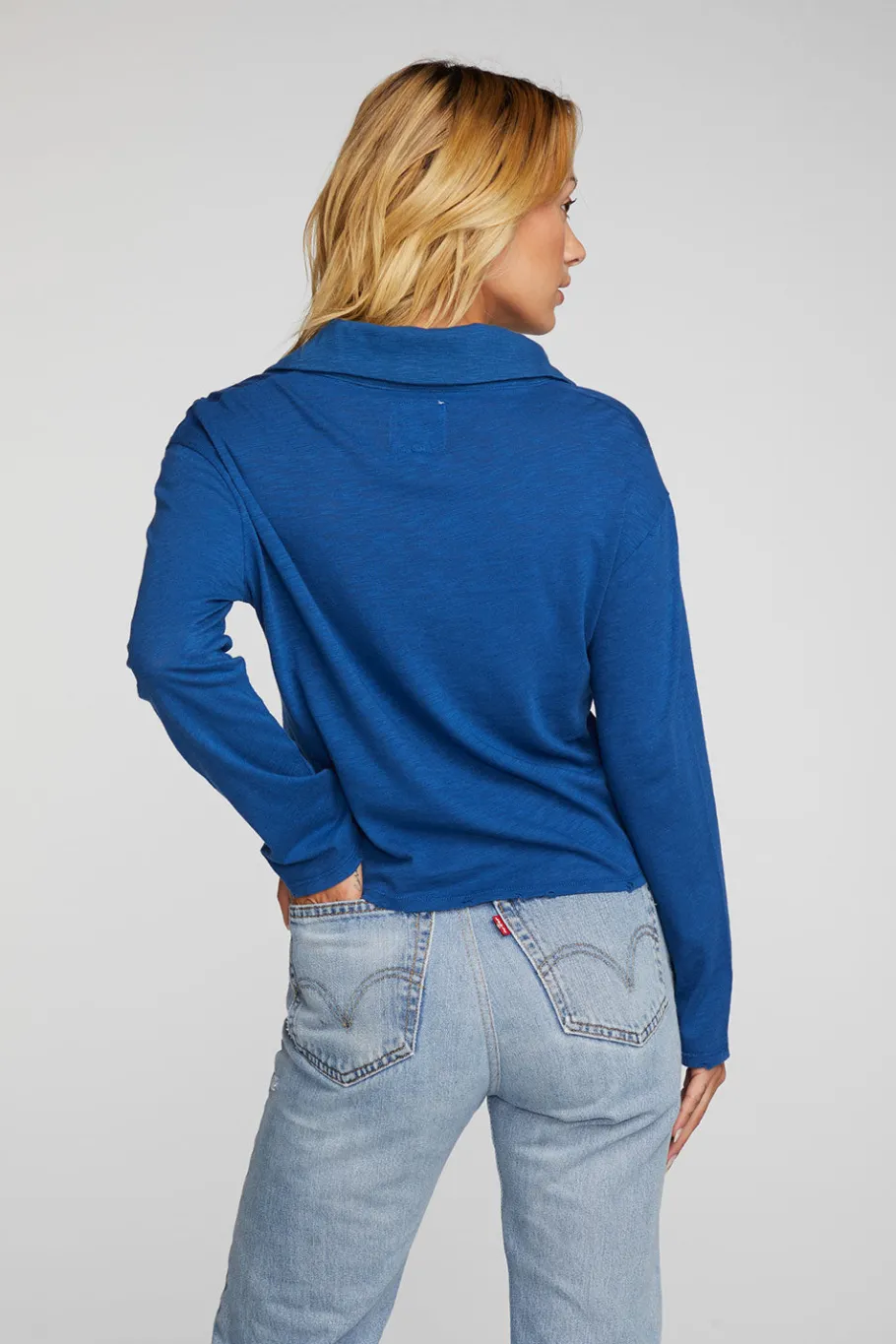 Online Chaser Brand Gauze Jersey Cropped Polo With Distressed Detail Long Sleeve