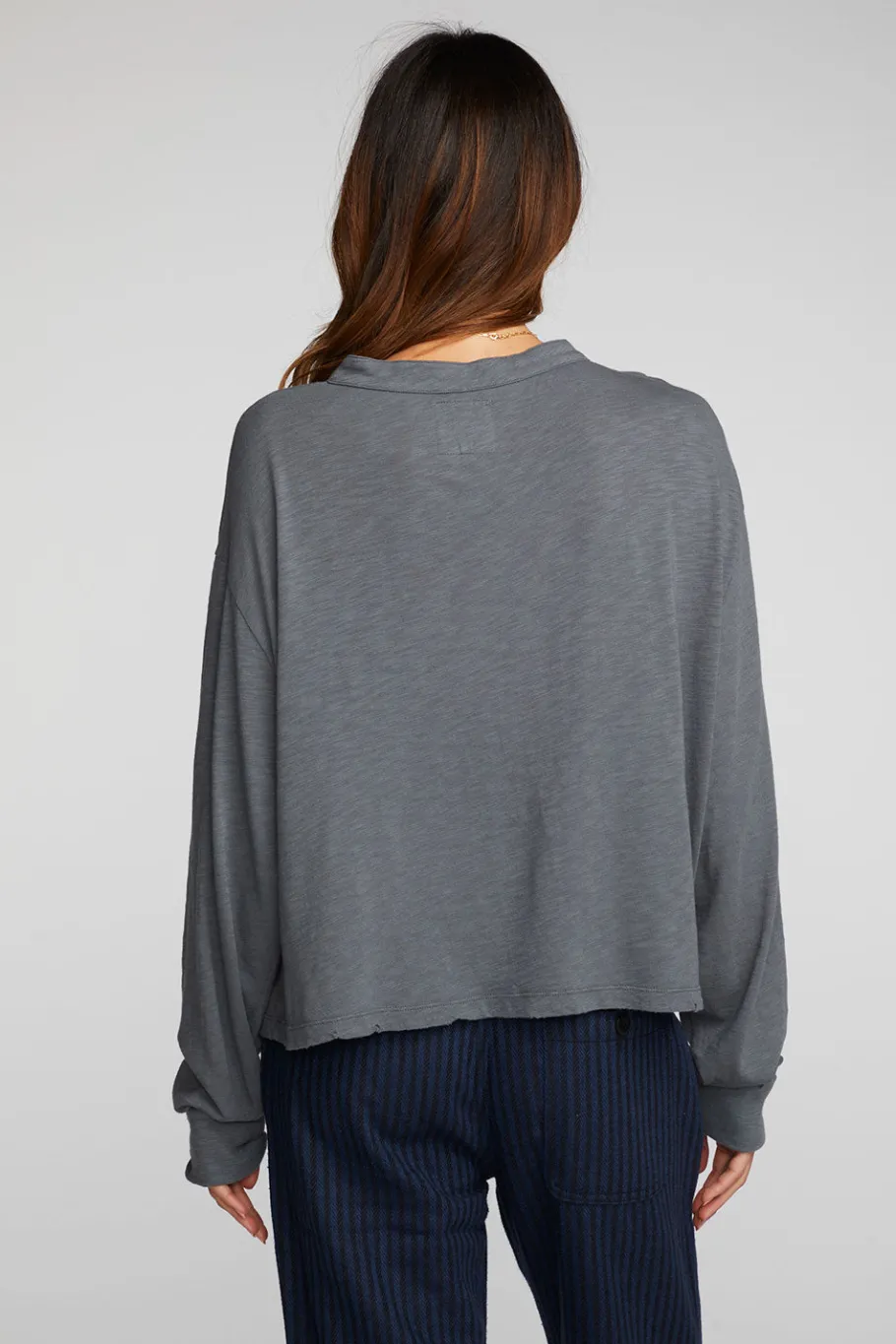 Hot Chaser Brand Gauze Jersey Long Sleeve Henley With Deconstructed Bottom Hem