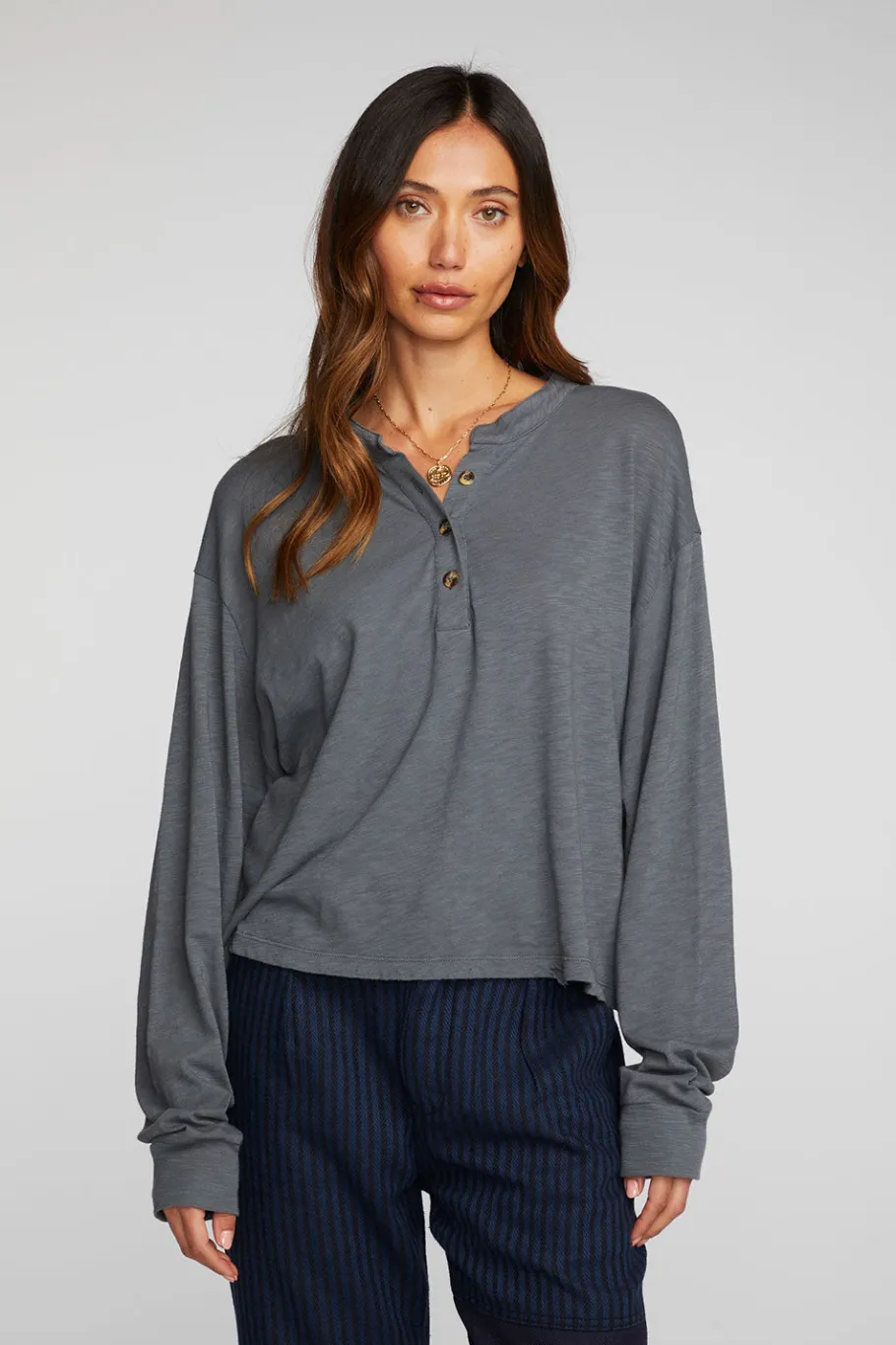 Hot Chaser Brand Gauze Jersey Long Sleeve Henley With Deconstructed Bottom Hem