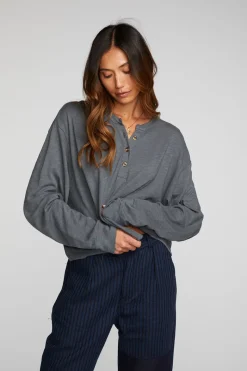 Hot Chaser Brand Gauze Jersey Long Sleeve Henley With Deconstructed Bottom Hem