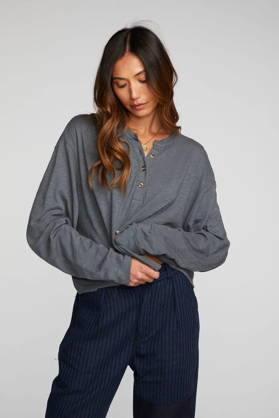 Hot Chaser Brand Gauze Jersey Long Sleeve Henley With Deconstructed Bottom Hem