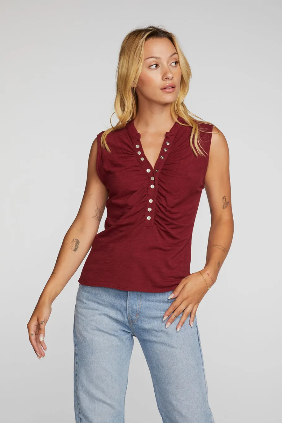 Sale Chaser Brand Gauze Jersey Snap Down Tank With Shirring