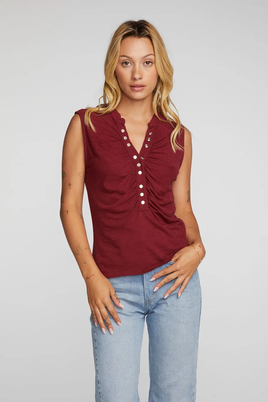 Sale Chaser Brand Gauze Jersey Snap Down Tank With Shirring