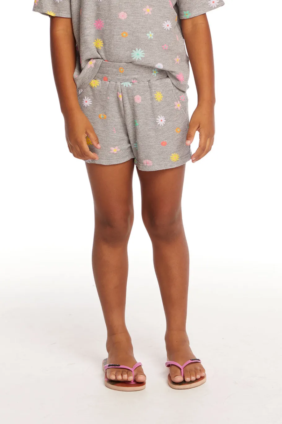 Fashion Chaser Brand Jade Embroidered Flowers Waffle Knit Girls Short