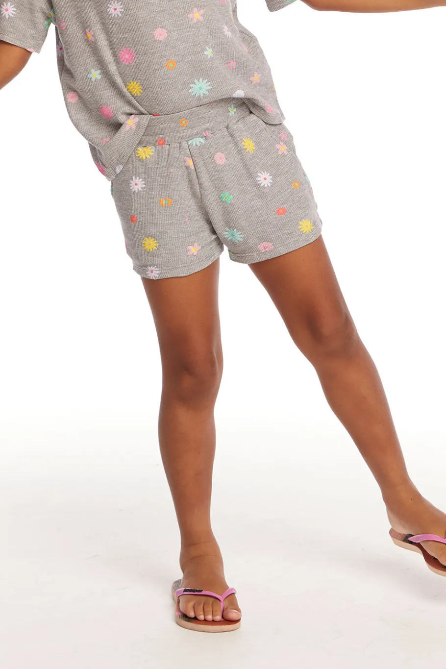 Fashion Chaser Brand Jade Embroidered Flowers Waffle Knit Girls Short
