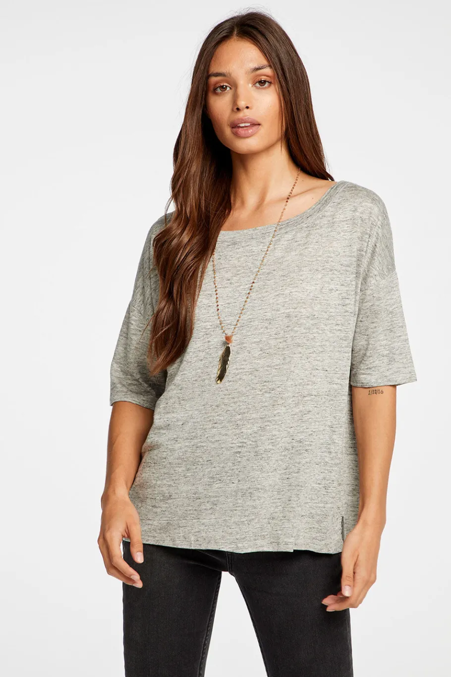 Discount Chaser Brand Linen Jersey Cropped Short Sleeve Boxy Hi Lo Tee