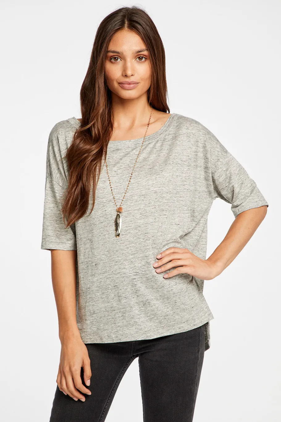 Discount Chaser Brand Linen Jersey Cropped Short Sleeve Boxy Hi Lo Tee