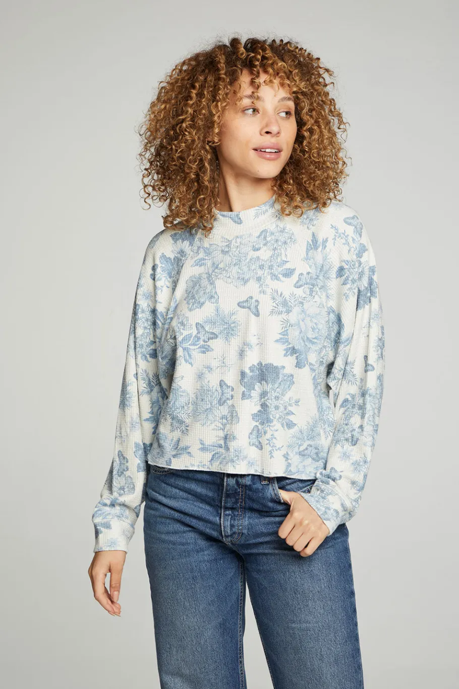 Fashion Chaser Brand Long Sleeve Cropped Mock Neck Raglan Tee
