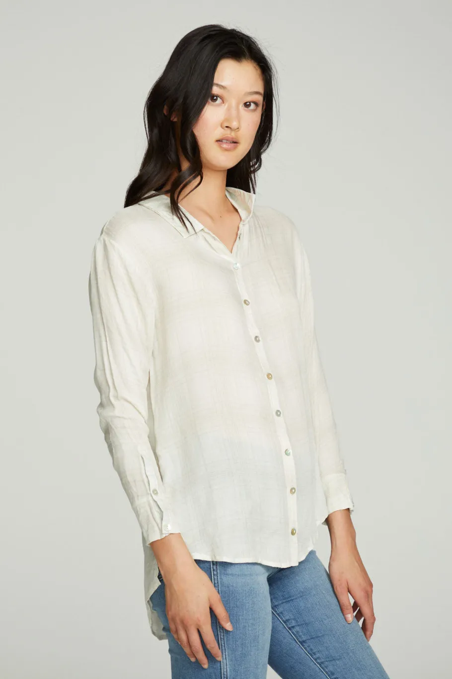Best Chaser Brand Long Sleeve Drop Shoulder Hi Lo Button Down Shirttail Tunic