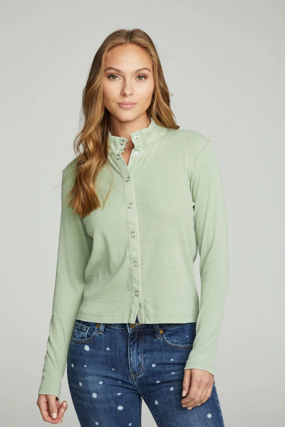 Cheap Chaser Brand Long Sleeve Snap Front Mock Neck Tee