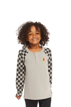 Online Chaser Brand Long Sleeve Splatter Checker Raglan Button Up Henley