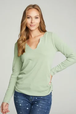 Discount Chaser Brand Long Sleeve Split Neck Rouched Side Tee