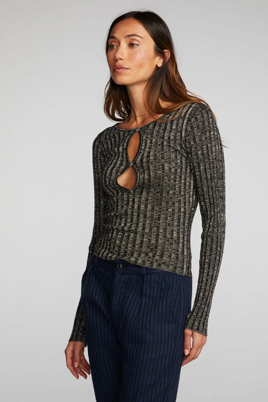Fashion Chaser Brand Lurex Rib Knit Long Sleeve Top With Open Keyhole