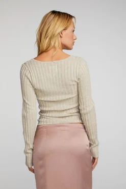 Clearance Chaser Brand Lurex Rib Knit Long Sleeve Top With Open Keyhole