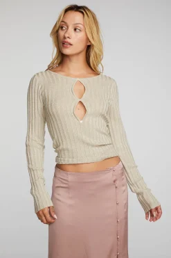 Clearance Chaser Brand Lurex Rib Knit Long Sleeve Top With Open Keyhole