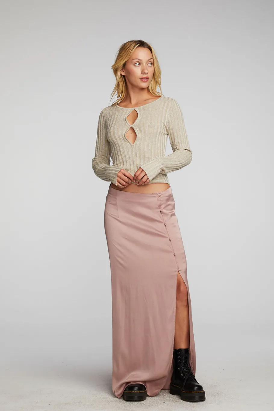 Clearance Chaser Brand Lurex Rib Knit Long Sleeve Top With Open Keyhole