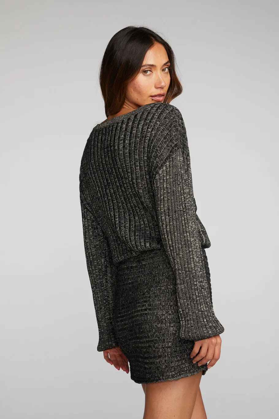 Best Chaser Brand Lurex Rib Knit Mini Dress With Shirring