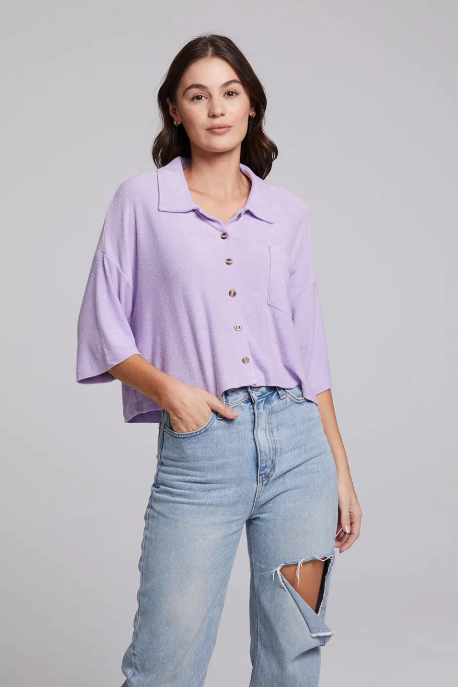 Fashion Chaser Brand Marine Crop Button Down - Digital Lavender