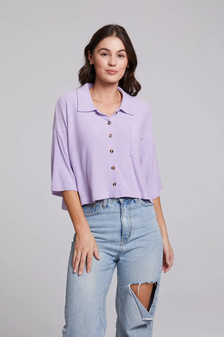 Fashion Chaser Brand Marine Crop Button Down - Digital Lavender