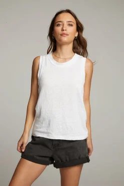 Cheap Chaser Brand Raw Edge White Muscle Tank