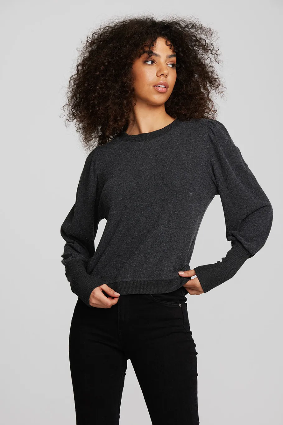 Cheap Chaser Brand Recycled Bliss Knit Crewneck Pullover With Rib And Puff Sleeve