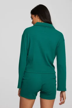 Discount Chaser Brand Recycled Vintage Rib Cropped Polo With Distressed Detail Long Sleeve