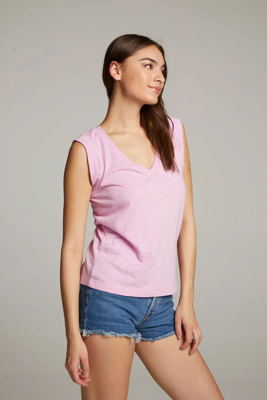 Fashion Chaser Brand Rolled Pastel Lavender Armhole V-neck Muscle Tank