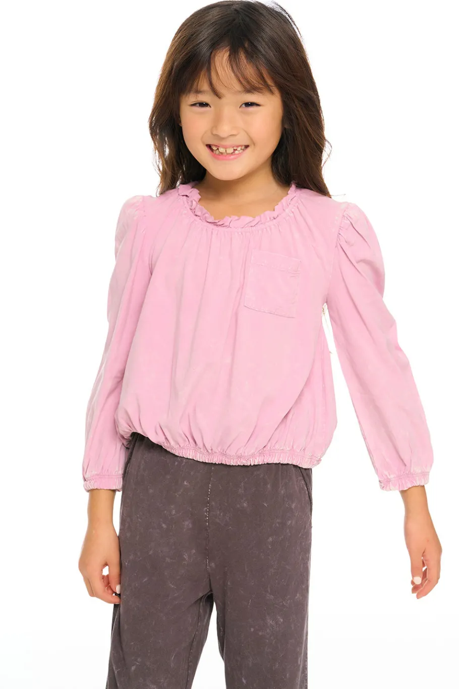 Hot Chaser Brand Ruffle Neck Pocket Shirred Tee