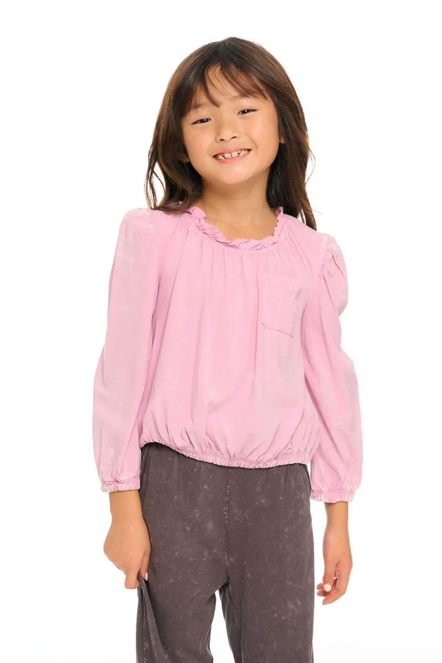 Hot Chaser Brand Ruffle Neck Pocket Shirred Tee