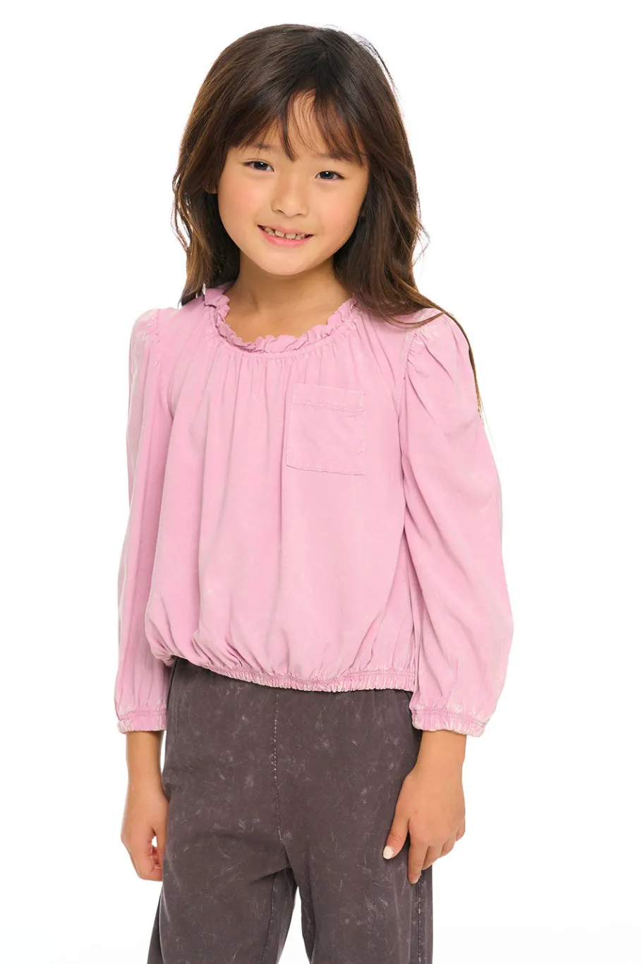 Hot Chaser Brand Ruffle Neck Pocket Shirred Tee