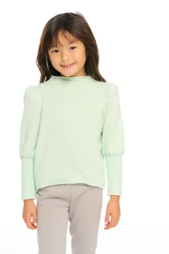 Store Chaser Brand Semi Cropped Hi Lo Mock Neck Puff Sleeve Pullover