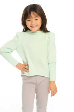 Store Chaser Brand Semi Cropped Hi Lo Mock Neck Puff Sleeve Pullover