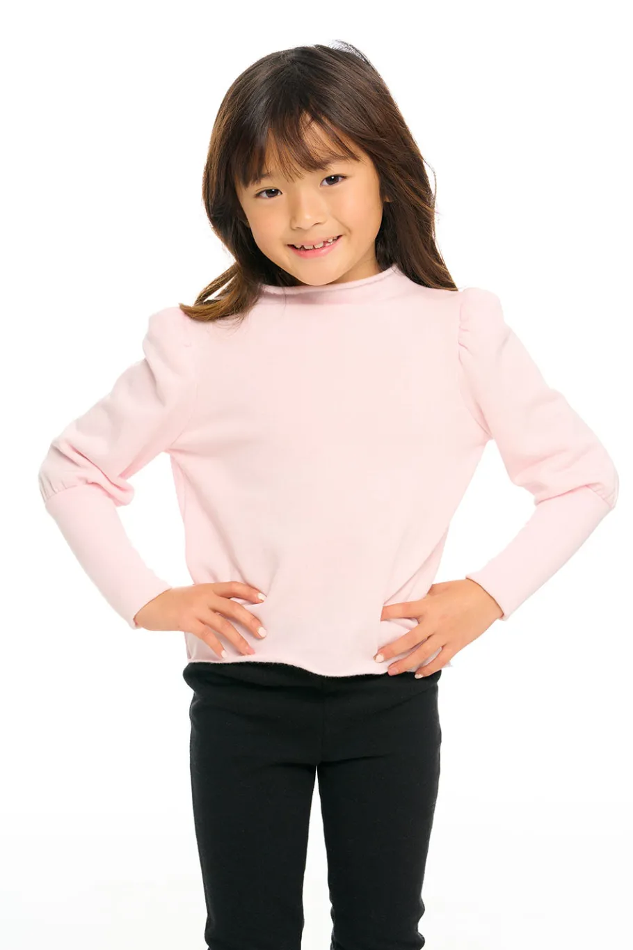Store Chaser Brand Semi Cropped Hi Lo Mock Neck Puff Sleeve Pullover
