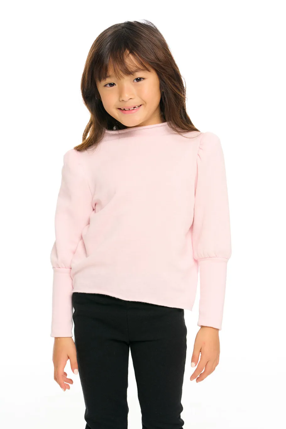 Store Chaser Brand Semi Cropped Hi Lo Mock Neck Puff Sleeve Pullover