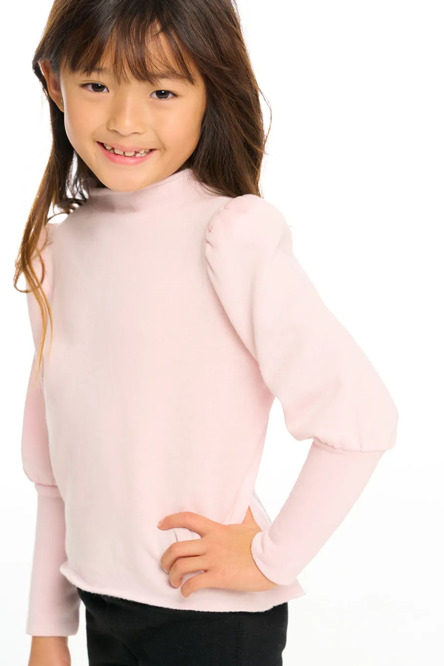 Store Chaser Brand Semi Cropped Hi Lo Mock Neck Puff Sleeve Pullover
