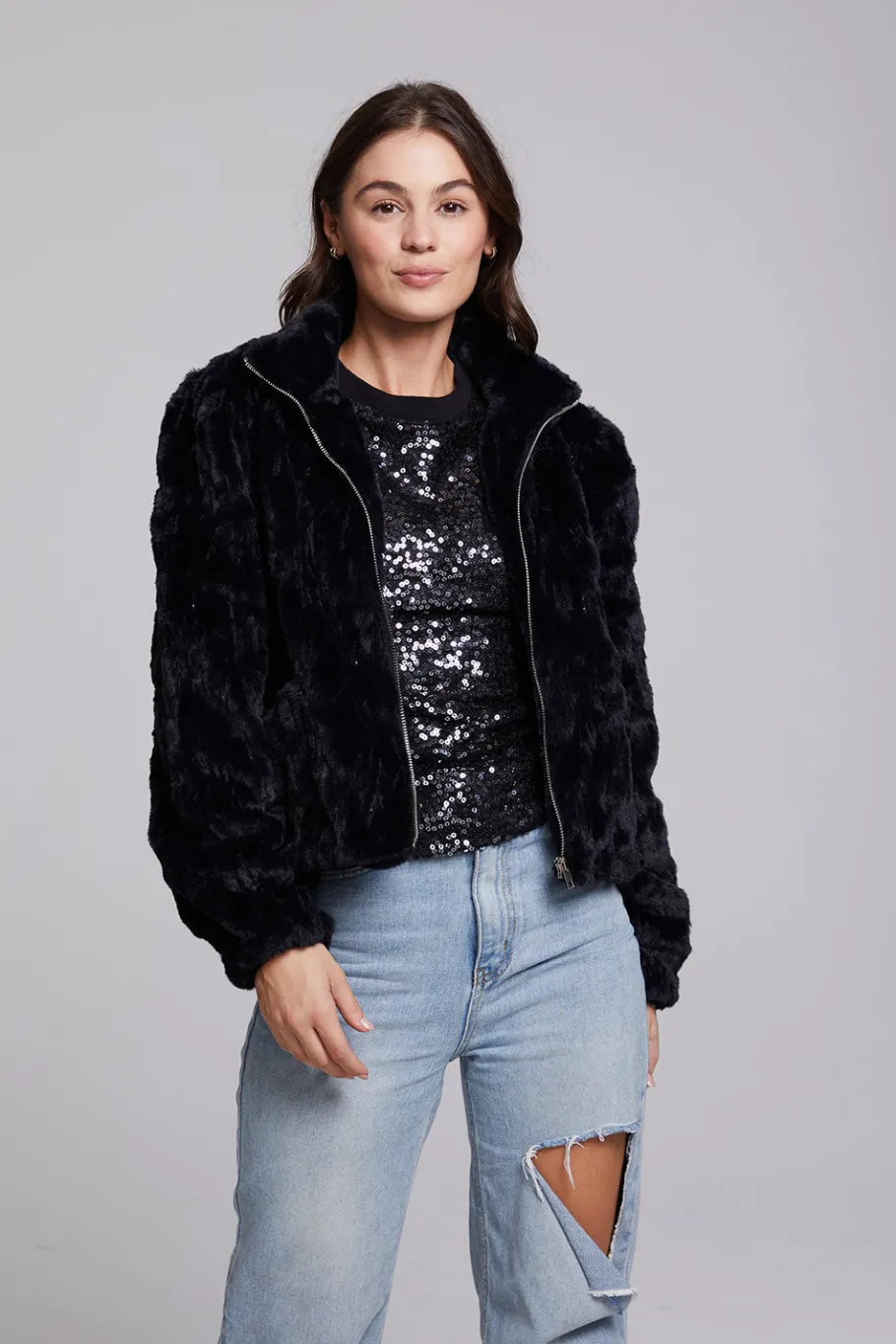 Hot Chaser Brand Sequin Faux Fur Puff Sleeve Jacket