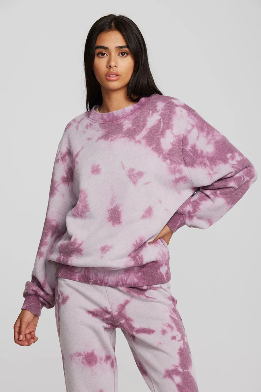 New Chaser Brand Zuma Cotton Terry Crewneck Pullover With Distressed Detail Long Sleeve