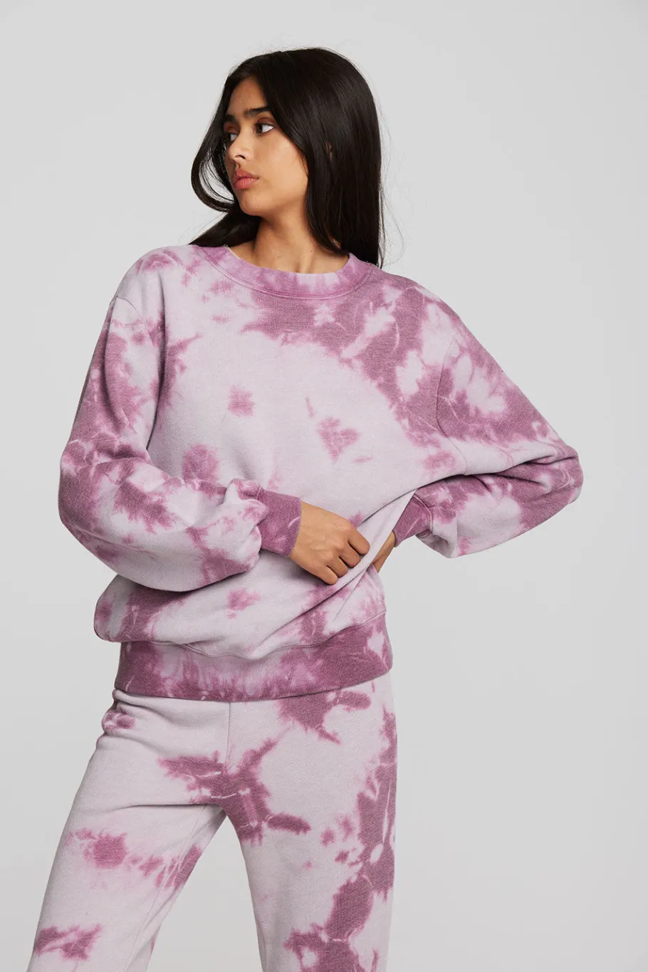 New Chaser Brand Zuma Cotton Terry Crewneck Pullover With Distressed Detail Long Sleeve